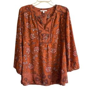 DR2 Floral 3/4 Peasant Blouse Women’s Size XL Burnt Orange
